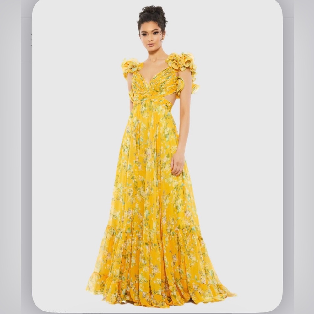 Mac Duggal Yellow Floral Ruffle Chiffon Gown